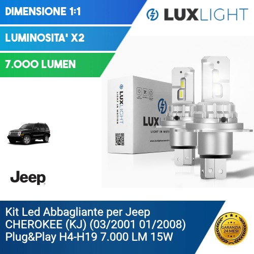 Kit Led Abbagliante per Jeep CHEROKEE (KJ) (03/2001 01/2008) Plug&Play H4-H19 7.000 LM 15W