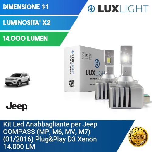 Kit Led Anabbagliante per Jeep COMPASS (MP, M6, MV, M7) (01/2016) Plug&Play D3 Xenon 14.000 LM