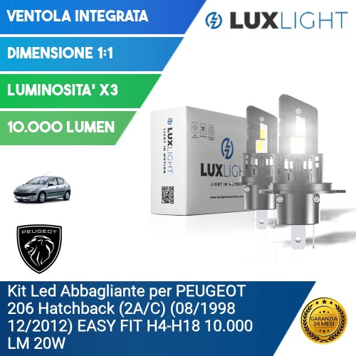 Kit Led Abbagliante per PEUGEOT 206 Hatchback (2A/C) (08/1998 12/2012) EASY FIT H4-H19 10.000 LM 20W