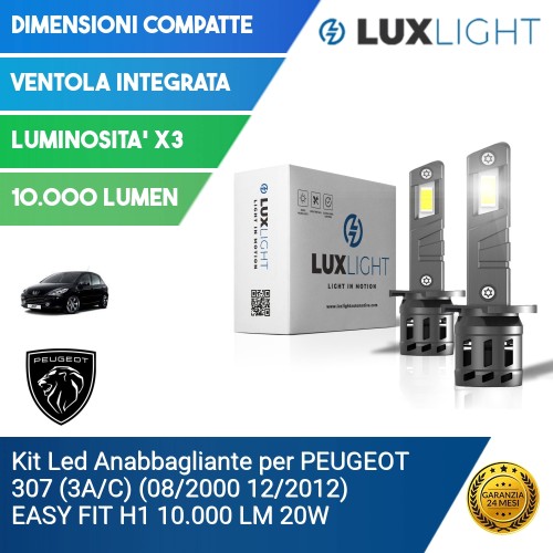 Kit Led Anabbagliante per PEUGEOT 307 (3A/C) (08/2000 12/2012) EASY FIT H1 10.000 LM 20W