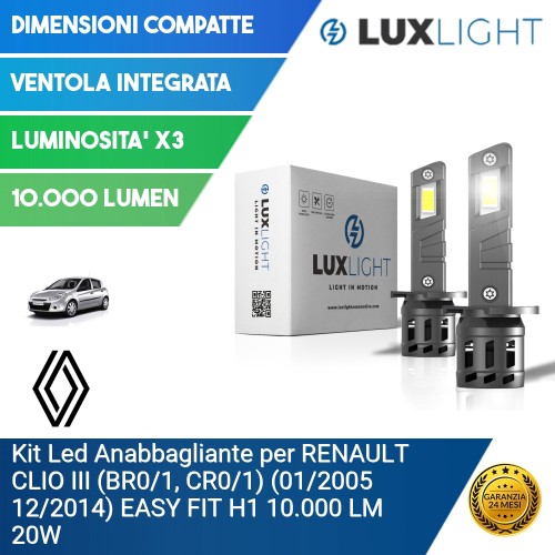 Kit Led Anabbagliante per RENAULT CLIO III (BR0/1, CR0/1) (01/2005 12/2014) EASY FIT H1 10.000 LM 20W