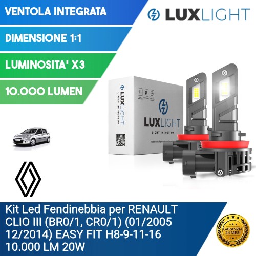 Kit Led Fendinebbia per RENAULT CLIO III (BR0/1, CR0/1) (01/2005 12/2014) EASY FIT H8-9-11-16 10.000 LM 20W