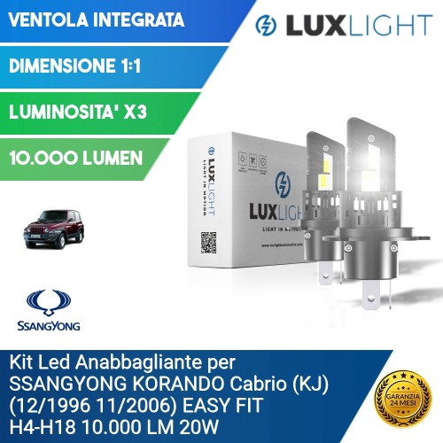 Kit Led Anabbagliante per SSANGYONG KORANDO Cabrio (KJ) (12/1996 11/2006) EASY FIT H4-H19 10.000 LM 20W