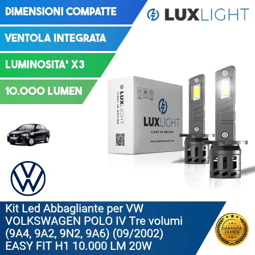 Kit Led Abbagliante per VW VOLKSWAGEN POLO IV Tre volumi (9A4, 9A2, 9N2, 9A6) (09/2002) EASY FIT H1 10.000 LM 20W