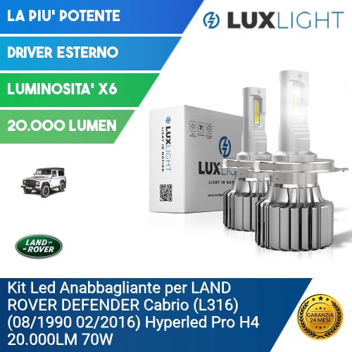 Kit Led Anabbagliante per LAND ROVER DEFENDER Cabrio (L316) (08/1990 02/2016) Hyperled Pro H4 20.000LM 70W