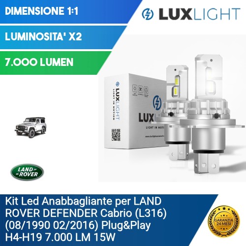 Kit Led Anabbagliante per LAND ROVER DEFENDER Cabrio (L316) (08/1990 02/2016) Plug&Play H4-H19 7.000 LM 15W