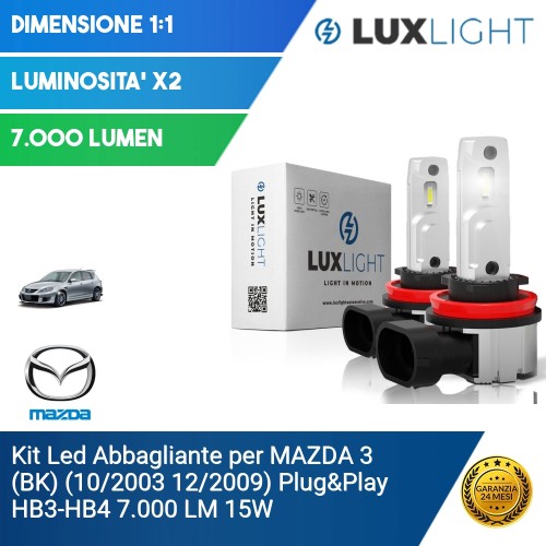 Kit Led Abbagliante per MAZDA 3 (BK) (10/2003 12/2009) Plug&Play HB3-HB4 7.000 LM 15W