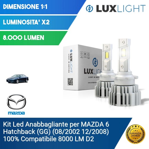 Kit Led Anabbagliante per MAZDA 6 Hatchback (GG) (08/2002 12/2008) 100% Compatibile 8000 LM D2