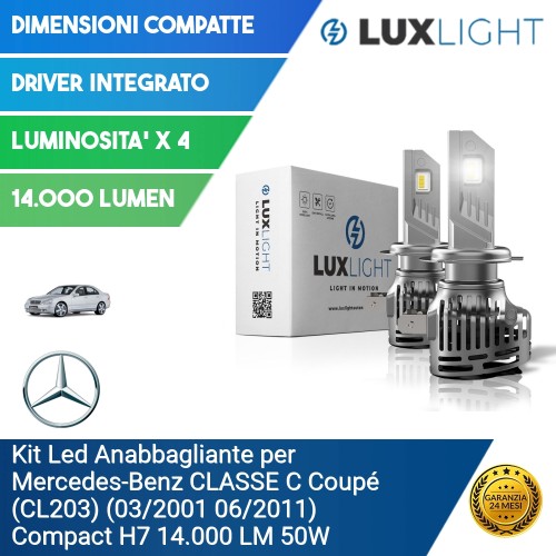 Kit Led Anabbagliante per Mercedes-Benz CLASSE C Coupé (CL203) (03/2001 06/2011) Compact H7 14.000 LM 50W