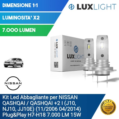 Kit Led Abbagliante per NISSAN QASHQAI / QASHQAI +2 I (J10, NJ10, JJ10E) (11/2006 04/2014) Plug&Play H7-H18 7.000 LM 15W