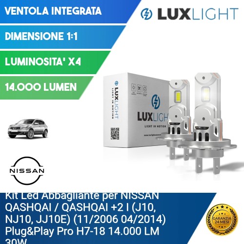 Kit Led Abbagliante per NISSAN QASHQAI / QASHQAI +2 I (J10, NJ10, JJ10E) (11/2006 04/2014) Plug&Play Pro H7-18 14.000 LM 30W