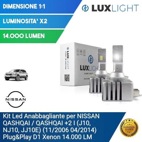 Kit Led Anabbagliante per NISSAN QASHQAI / QASHQAI +2 I (J10, NJ10, JJ10E) (11/2006 04/2014) Plug&Play D1 Xenon 14.000 LM