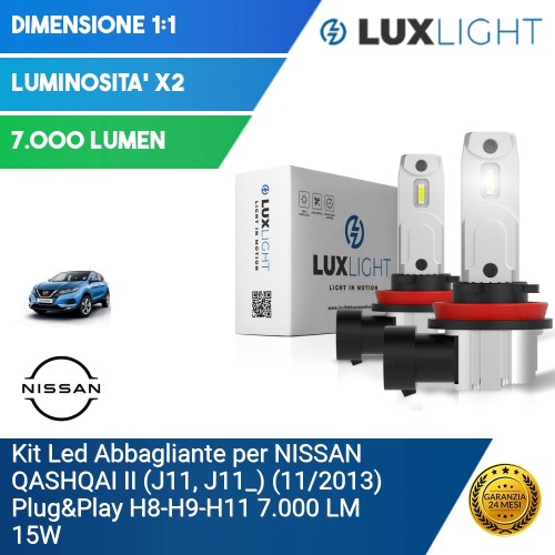 Kit Led Abbagliante per NISSAN QASHQAI II (J11, J11_) (11/2013) Plug&Play H8-H9-H11 7.000 LM 15W