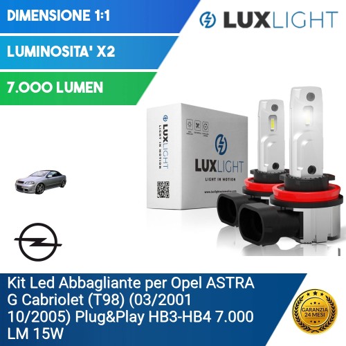 Kit Led Abbagliante per Opel ASTRA G Cabriolet (T98) (03/2001 10/2005) Plug&Play HB3-HB4 7.000 LM 15W