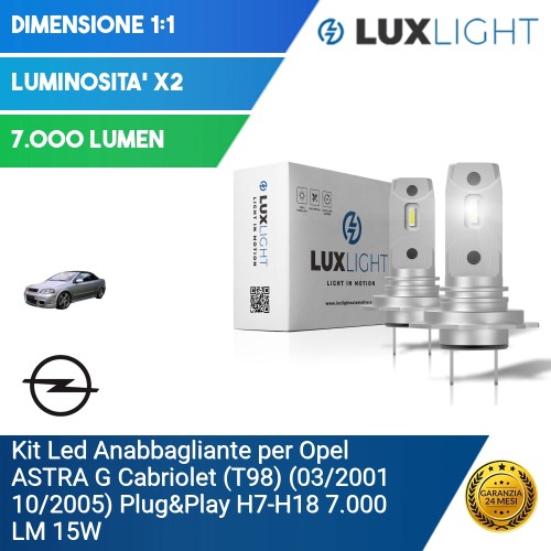 Kit Led Anabbagliante per Opel ASTRA G Cabriolet (T98) (03/2001 10/2005) Plug&Play H7-H18 7.000 LM 15W