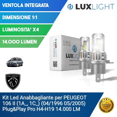 Kit Led Anabbagliante per PEUGEOT 106 II (1A_, 1C_) (04/1996 05/2005) Plug&Play Pro H4-H19 14.000 LM