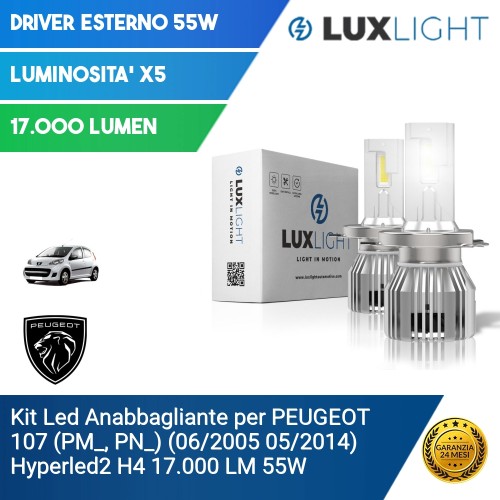 Kit Led Anabbagliante per PEUGEOT 107 (PM_, PN_) (06/2005 05/2014) Hyperled2 H4 17.000 LM 55W