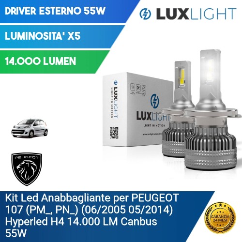 Kit Led Anabbagliante per PEUGEOT 107 (PM_, PN_) (06/2005 05/2014) Hyperled H4 14.000 LM Canbus 55W