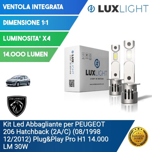 Kit Led Abbagliante per PEUGEOT 206 Hatchback (2A/C) (08/1998 12/2012) Plug&Play Pro H1 14.000 LM 30W