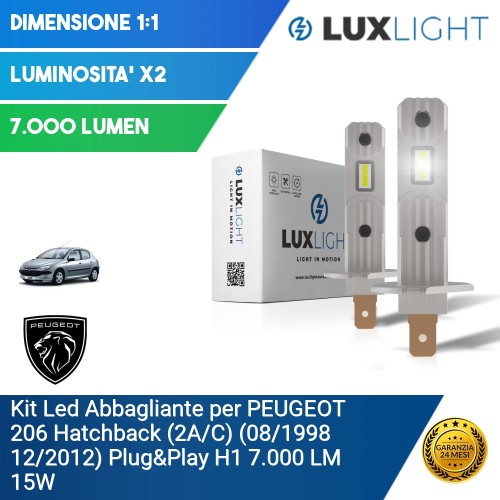 Kit Led Abbagliante per PEUGEOT 206 Hatchback (2A/C) (08/1998 12/2012) Plug&Play H1 7.000 LM 15W