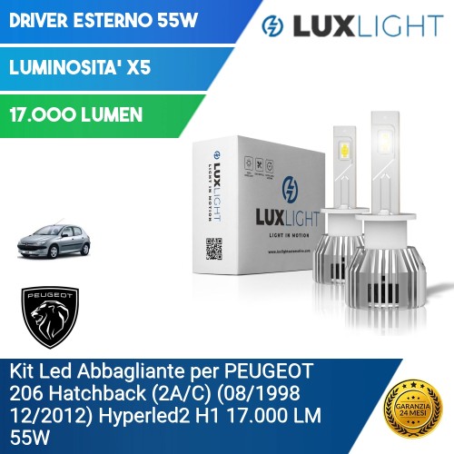 Kit Led Abbagliante per PEUGEOT 206 Hatchback (2A/C) (08/1998 12/2012) Hyperled2 H1 17.000 LM 55W