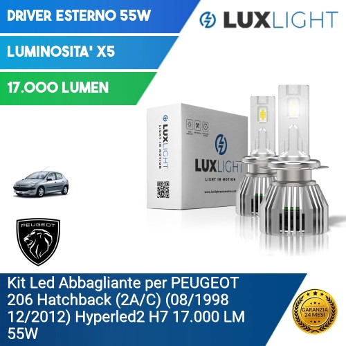 Kit Led Abbagliante per PEUGEOT 206 Hatchback (2A/C) (08/1998 12/2012) Hyperled2 H7 17.000 LM 55W