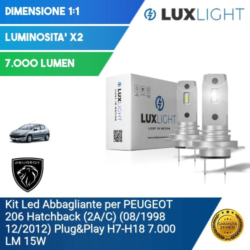 Kit Led Abbagliante per PEUGEOT 206 Hatchback (2A/C) (08/1998 12/2012) Plug&Play H7-H18 7.000 LM 15W