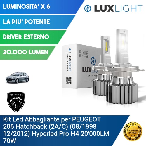 Kit Led Abbagliante per PEUGEOT 206 Hatchback (2A/C) (08/1998 12/2012) Hyperled Pro H4 20'000LM 70W