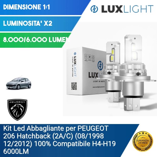 Kit Led Abbagliante per PEUGEOT 206 Hatchback (2A/C) (08/1998 12/2012) 100% Compatibile H4-H19 6000LM