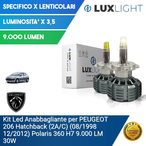 Kit Led Anabbagliante per PEUGEOT 206 Hatchback (2A/C) (08/1998 12/2012) Polaris 360 H7 9.000 LM 30W