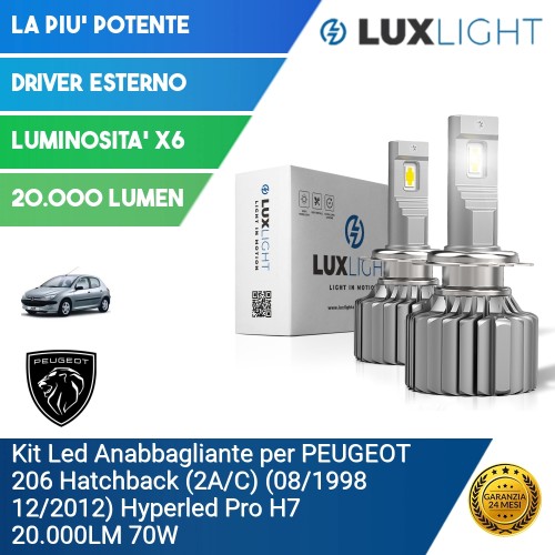 Kit Led Anabbagliante per PEUGEOT 206 Hatchback (2A/C) (08/1998 12/2012) Hyperled Pro H7 20.000LM 70W