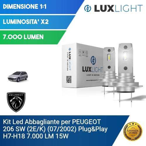 Kit Led Abbagliante per PEUGEOT 206 SW (2E/K) (07/2002) Plug&Play H7-H18 7.000 LM 15W