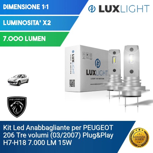 Kit Led Anabbagliante per PEUGEOT 206 Tre volumi (03/2007) Plug&Play H7-H18 7.000 LM 15W