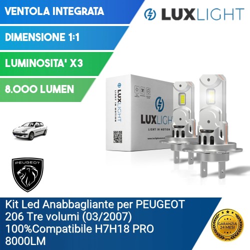 Kit Led Anabbagliante per PEUGEOT 206 Tre volumi (03/2007) 100%Compatibile H7H18 PRO 8000LM