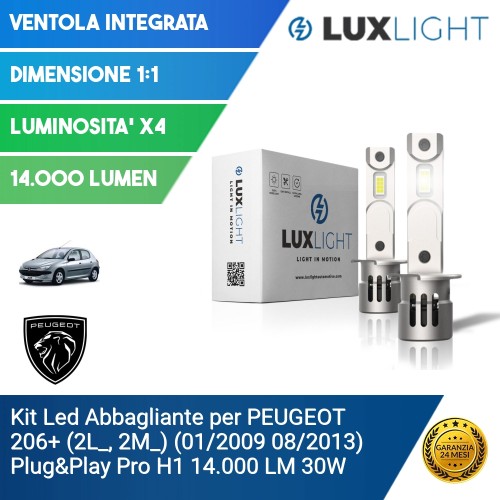 Kit Led Abbagliante per PEUGEOT 206+ (2L_, 2M_) (01/2009 08/2013) Plug&Play Pro H1 14.000 LM 30W