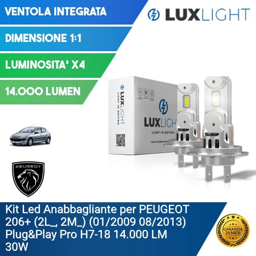 Kit Led Anabbagliante per PEUGEOT 206+ (2L_, 2M_) (01/2009 08/2013) Plug&Play Pro H7-18 14.000 LM 30W