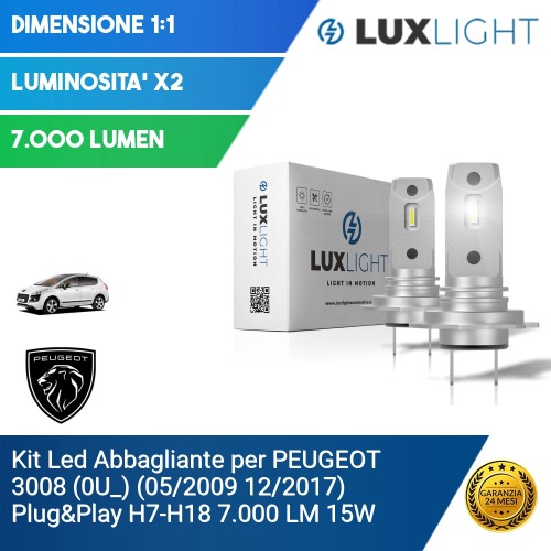 Kit Led Abbagliante per PEUGEOT 3008 (0U_) (05/2009 12/2017) Plug&Play H7-H18 7.000 LM 15W