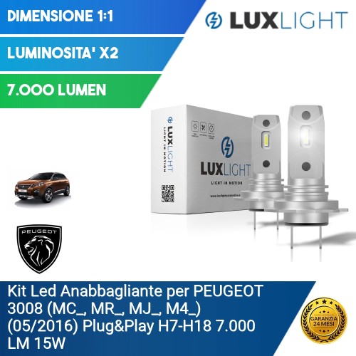 Kit Led Anabbagliante per PEUGEOT 3008 (MC_, MR_, MJ_, M4_) (05/2016) Plug&Play H7-H18 7.000 LM 15W