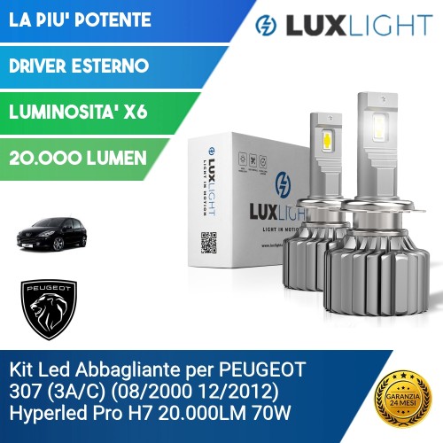 Kit Led Abbagliante per PEUGEOT 307 (3A/C) (08/2000 12/2012) Hyperled Pro H7 20.000LM 70W