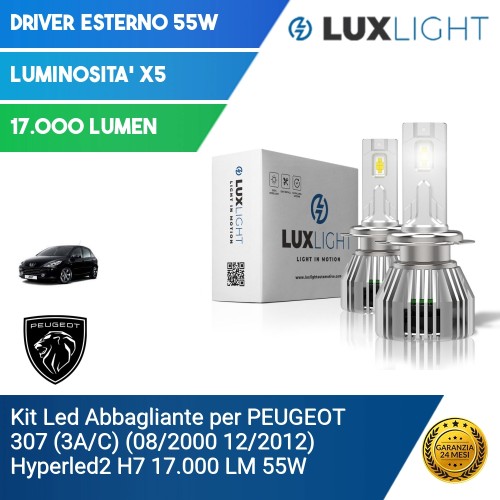 Kit Led Abbagliante per PEUGEOT 307 (3A/C) (08/2000 12/2012) Hyperled2 H7 17.000 LM 55W