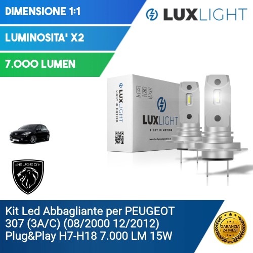 Kit Led Abbagliante per PEUGEOT 307 (3A/C) (08/2000 12/2012) Plug&Play H7-H18 7.000 LM 15W