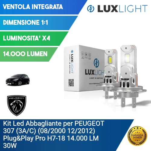 Kit Led Abbagliante per PEUGEOT 307 (3A/C) (08/2000 12/2012) Plug&Play Pro H7-18 14.000 LM 30W