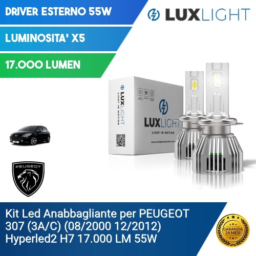 Kit Led Anabbagliante per PEUGEOT 307 (3A/C) (08/2000 12/2012) Hyperled2 H7 17.000 LM 55W