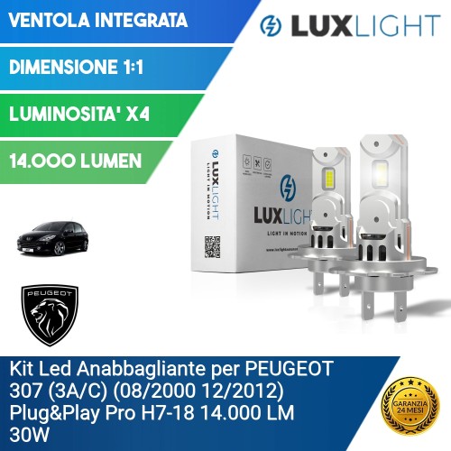 Kit Led Anabbagliante per PEUGEOT 307 (3A/C) (08/2000 12/2012) Plug&Play Pro H7-18 14.000 LM 30W