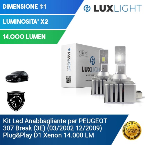 Kit Led Anabbagliante per PEUGEOT 307 Break (3E) (03/2002 12/2009) Plug&Play D1 Xenon 14.000 LM