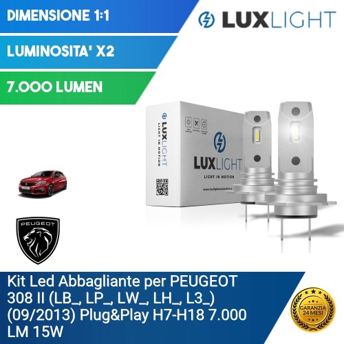 Kit Led Abbagliante per PEUGEOT 308 II (LB_, LP_, LW_, LH_, L3_) (09/2013) Plug&Play H7-H18 7.000 LM 15W