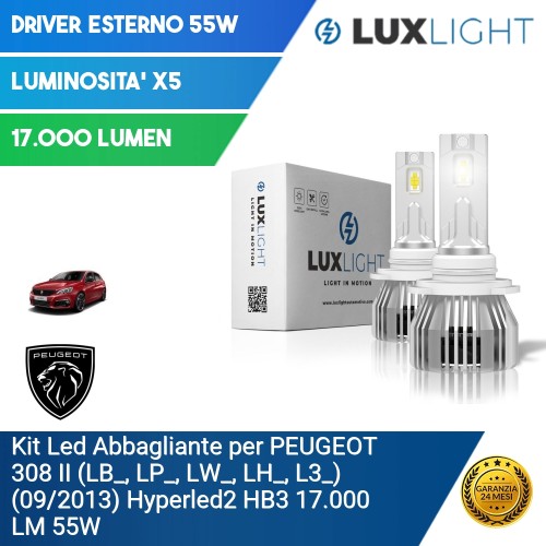 Kit Led Abbagliante per PEUGEOT 308 II (LB_, LP_, LW_, LH_, L3_) (09/2013) Hyperled2 HB3 17.000 LM 55W