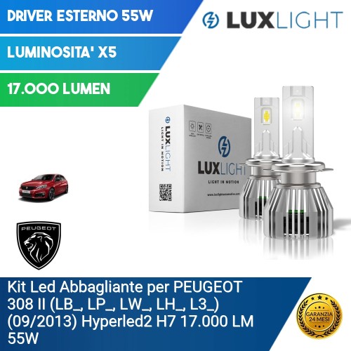 Kit Led Abbagliante per PEUGEOT 308 II (LB_, LP_, LW_, LH_, L3_) (09/2013) Hyperled2 H7 17.000 LM 55W