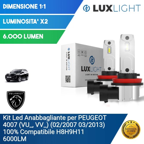 Kit Led Anabbagliante per PEUGEOT 4007 (VU_, VV_) (02/2007 03/2013) 100% Compatibile H8H9H11 6000LM