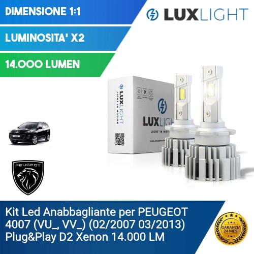 Kit Led Anabbagliante per PEUGEOT 4007 (VU_, VV_) (02/2007 03/2013) Plug&Play D2 Xenon 14.000 LM